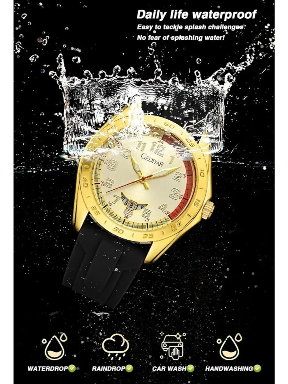 Men's Black Gold Analog Rubber Silicone Band Arabic Numbers Casual Wrist Watch